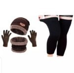 4 PC Woolen Knitted Beanie Cap, Neck Scarf, Knee Warmer & Touch Screen Gloves Set for Men Women - Image 2