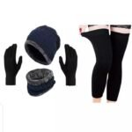 4 PC Woolen Knitted Beanie Cap, Neck Scarf, Knee Warmer & Touch Screen Gloves Set for Men Women - Image 3
