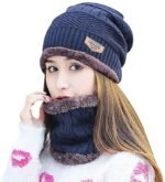 2 PC Woolen Knitted Beanie Cap Plus Neck Scarf Set for Women Girl
