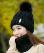 2 Pcs Black Color Beanie Hat Scarf Set Women's Winter Warm Knitted With Fleece Lining
