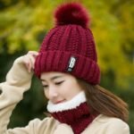 2 Pcs Red Color Beanie Hat Scarf Set Women's Winter Warm Knitted With Fleece Lining