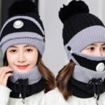 3PCS Womens Winter Warm Scarf Knitted Hat Mask With Filter Set Fashion Thickened Face Cover Outdoor Knitted Hat, Scarf Cap Neck Warmer Winter Hat