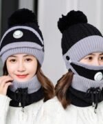 3PCS Womens Winter Warm Scarf Knitted Hat Mask With Filter Set Fashion Thickened Face Cover Outdoor Knitted Hat, Scarf Cap Neck Warmer Winter Hat