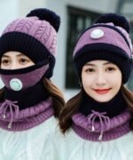 3PCS Womens Winter Warm Scarf Knitted Hat Mask With Filter Set Fashion Thickened Face Cover Outdoor Knitted Hat, Scarf Cap Neck Warmer Winter Hat - Image 6