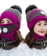3PCS Womens Winter Warm Scarf Knitted Hat Mask With Filter Set Fashion Thickened Face Cover Outdoor Knitted Hat, Scarf Cap Neck Warmer Winter Hat - Image 7