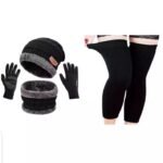 4 PC Woolen Knitted Beanie Cap, Neck Scarf, Knee Warmer & Touch Screen Gloves Set for Men Women