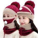 3PCS Womens Winter Warm Scarf Knitted Hat Mask With Filter Set Fashion Thickened Face Cover Outdoor Knitted Hat, Scarf Cap Neck Warmer Winter Hat - Image 3