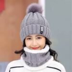 2 Pcs Grey Color Beanie Hat Scarf Set Women's Winter Warm Knitted With Fleece Lining - Image 2