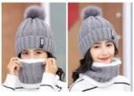 2 Pcs Grey Color Beanie Hat Scarf Set Women's Winter Warm Knitted With Fleece Lining
