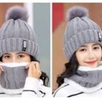 2 Pcs Grey Color Beanie Hat Scarf Set Women's Winter Warm Knitted With Fleece Lining