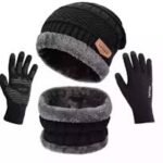 3 PC Woolen Knitted Beanie Cap, Neck Scarf & Touch Screen Gloves Set for Men Women