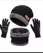 3 PC Woolen Knitted Beanie Cap, Neck Scarf & Touch Screen Gloves Set for Men Women