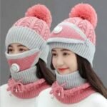 3PCS Womens Winter Warm Scarf Knitted Hat Mask With Filter Set Fashion Thickened Face Cover Outdoor Knitted Hat, Scarf Cap Neck Warmer Winter Hat - Image 4