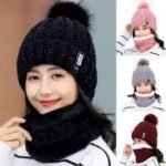 2 Pcs Red Color Beanie Hat Scarf Set Women's Winter Warm Knitted With Fleece Lining - Image 2